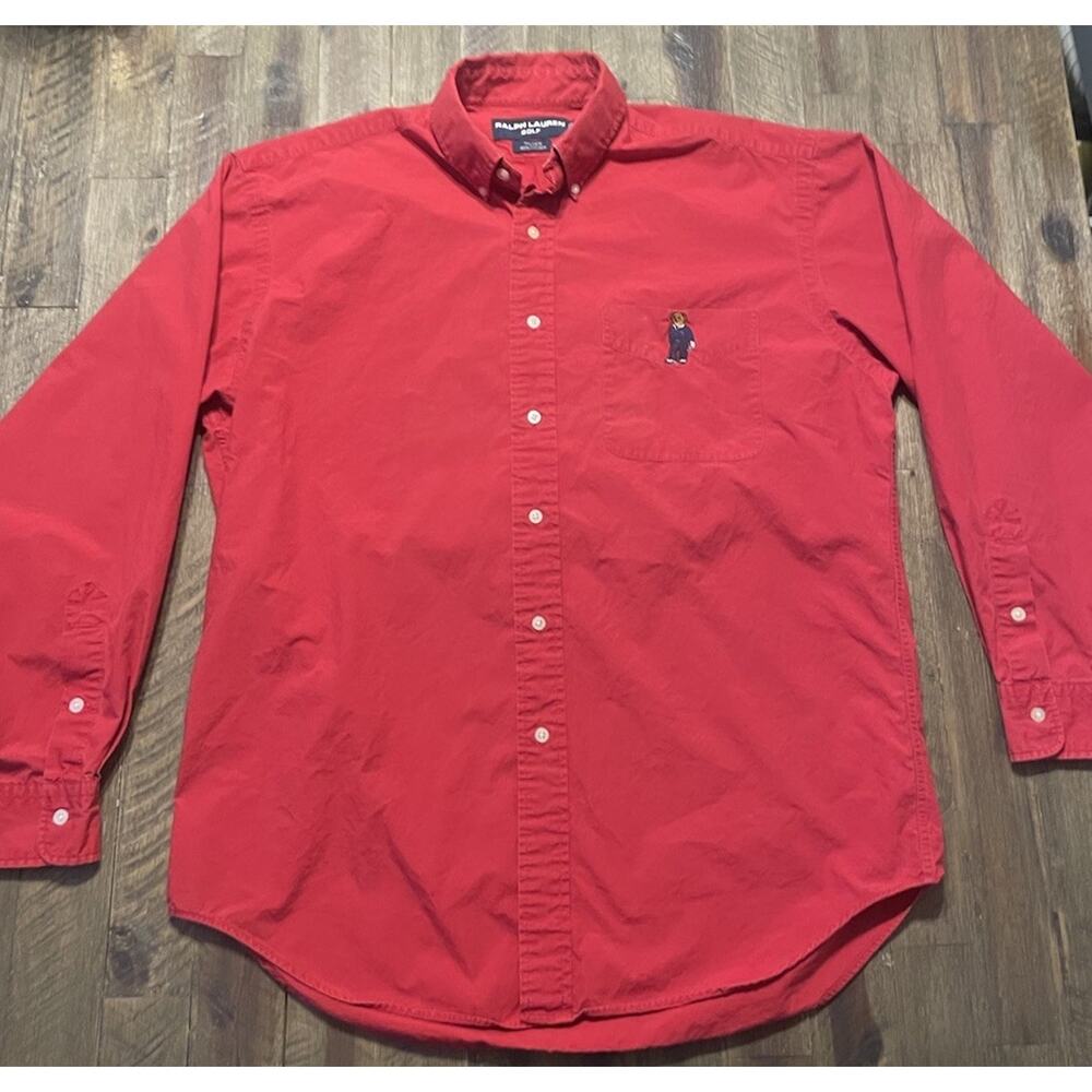 Polo Ralph Lauren Tilden Button Down Shirt Mens Medium Red Polo Bear Golf 90s - Picture 3 of 12